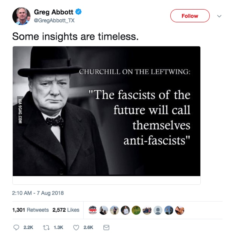 Illustration for article titled Texas Governor Tweets Fake Churchill Quote About Fascism, Gets Flooded With Equally Made-Up Replies